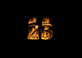 3D number 23 with flames black background