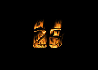 3D number 25 with flames black background