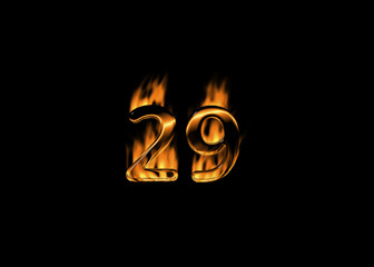 3D number 29 with flames black background