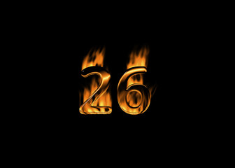 3D number 26 with flames black background
