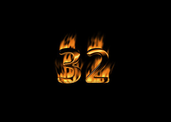 3D number 32 with flames black background