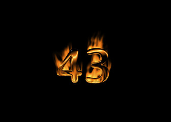 3D number 43 with flames black background - obrazy, fototapety, plakaty