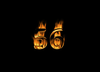 3D number 56 with flames black background - obrazy, fototapety, plakaty