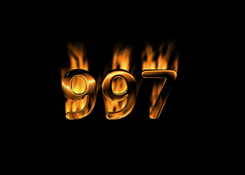3D number 997 with flames black background