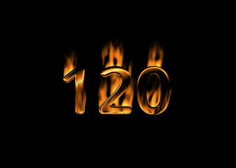 3D number 120 with flames black background