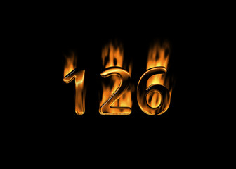 3D number 126 with flames black background