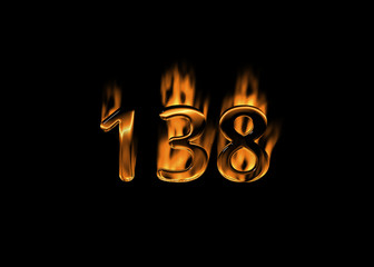 3D number 138 with flames black background