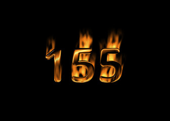 3D number 155 with flames black background
