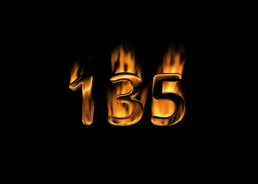 3D number 135 with flames black background