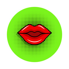 woman lips pop art style in green badge illustration