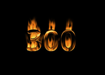 3D number 300 with flames black background - obrazy, fototapety, plakaty