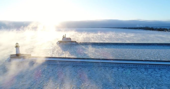 Sea Smoke Over Lake Superior - Aerial View