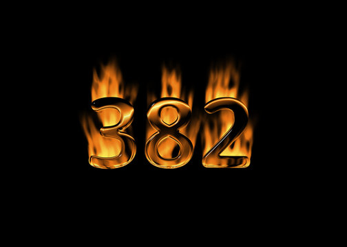 3D number 382 with flames black background