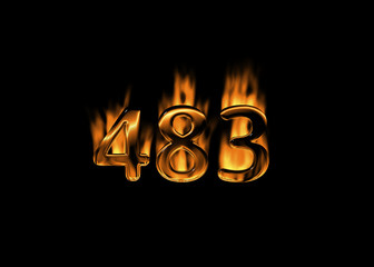 3D number 483 with flames black background