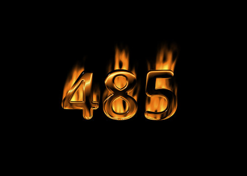 3D number 485 with flames black background
