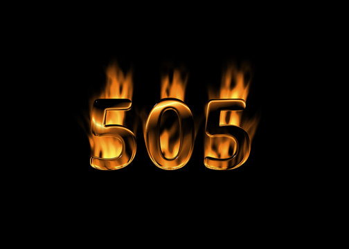 3D number 505 with flames black background