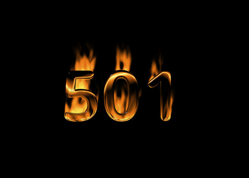 3D number 501 with flames black background