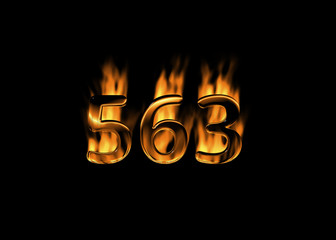 3D number 563 with flames black background