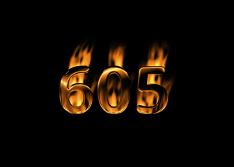 3D number 605 with flames black background