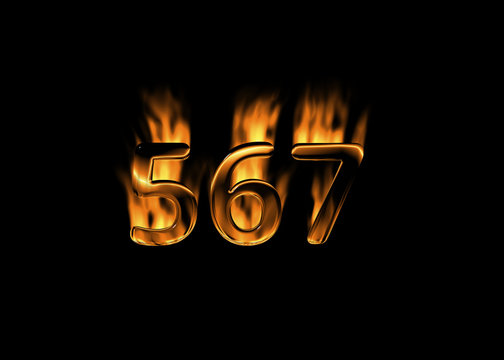 3D number 567 with flames black background