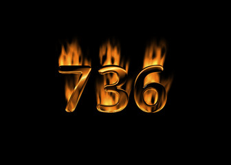 3D number 736 with flames black background