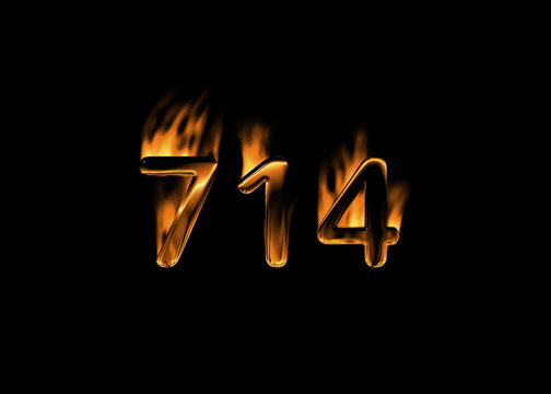 3D number 714 with flames black background