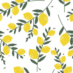 Fresh lemons, leaves background. Hand drawn overlapping backdrop. Colorful wallpaper vector. Seamless pattern with citrus fruits collection. Decorative illustration, good for printing - 239629825