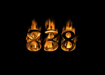 3D number 838 with flames black background