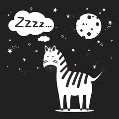 Hand drawn illustration with zebra, moon, stars and lettering. Black and white cute background vector. Good night, poster design. Backdrop with english text, animal. Funny card, phrase