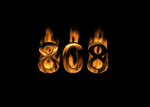 3D number 808 with flames black background