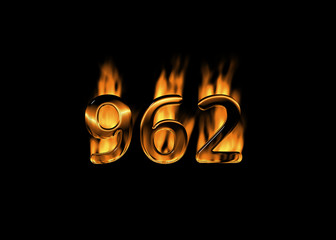 3D number 962 with flames black background