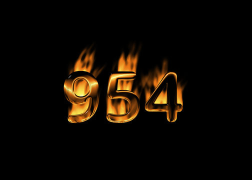 3D number 954 with flames black background