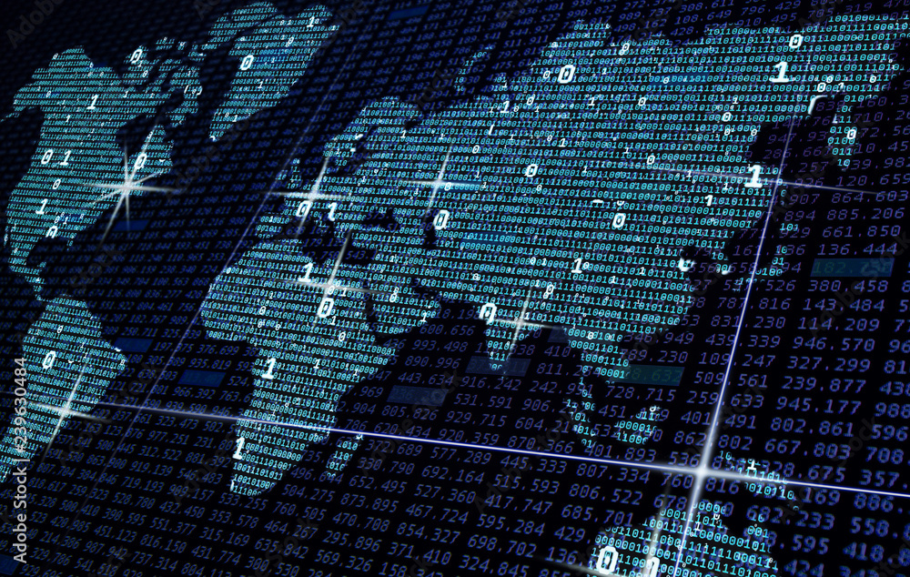 Wall mural blue global map of binary code, big data concept on dark background, globalization concept