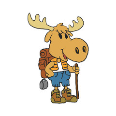 Moose hiker with backpack cartoon 