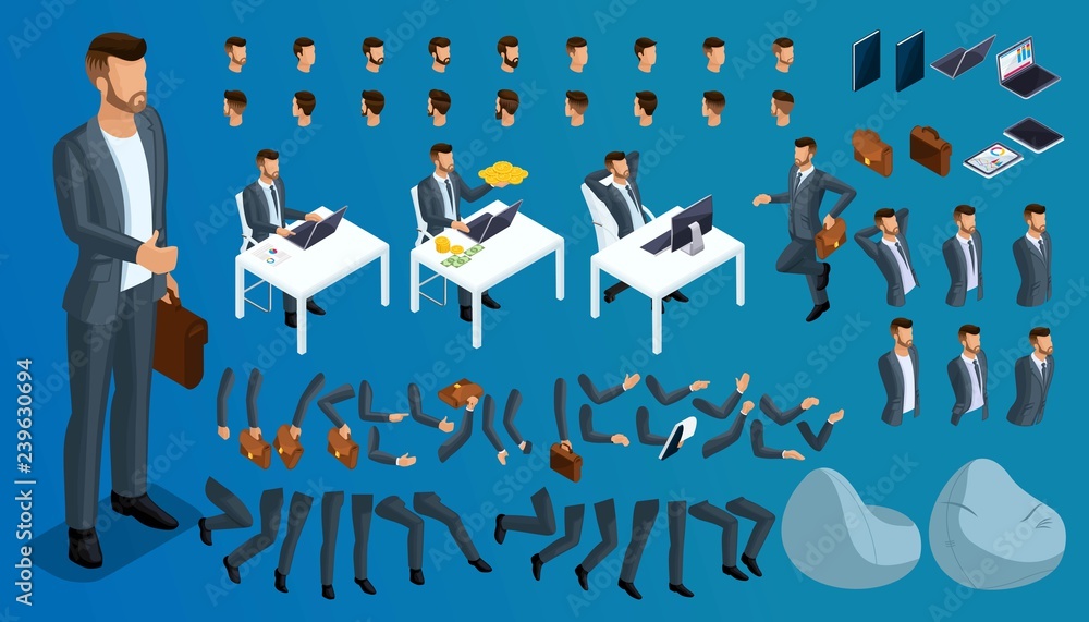 Poster large isometric set of gestures of hands and feet of men, 3d character businessman. create your own 