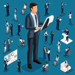 Isometric cartoon people, 3d businessmen big director small workers and subordinate qualitative drawing details for vector illustrations
