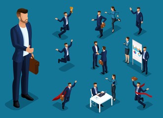 Isometric cartoon people, 3d set of businessman and business lady in different situations, big man office work and concepts for vector illustration
