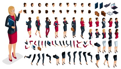 Large isometric Set of hand and foot gestures of a woman, to create a 3D business lady character. Create your isometric office worker for vector illustrations
