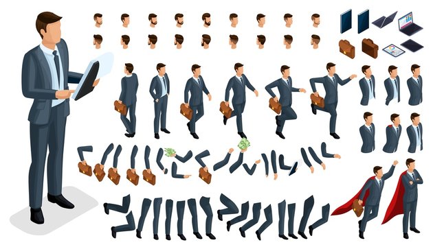 Large isometric Set of gestures of hands and feet of men, 3D character businessman. Create your own isometric office worker walks around or sits for vector
