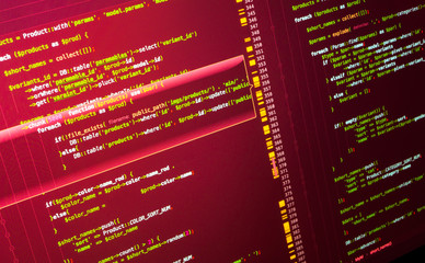 Site developing. Php code on the computer. Programming concept