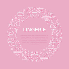 Lingerie circle poster with flat line icons of bra types, panties. Woman underwear background, vector illustration of brassiere, bikini, swimwear. Pink white concept for clothing store brochure