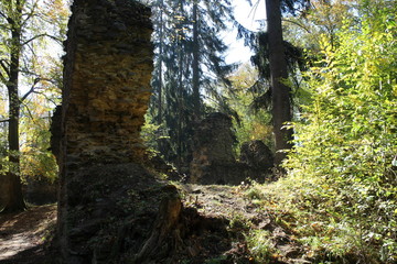 Ruins of small hunting romantic castle Karlův hrádek near Purkarec village, South Bohemian region, Czech republic