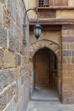 Entrance of historic Beit El Set Waseela building (Waseela Hanem House) leading to the courtyard of the house, Medieval Cairo, Egypt
