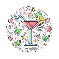 Vector card with cosmopolitan cocktail and decoration elements. Suitable for bar menu design, advertisign or textile print
