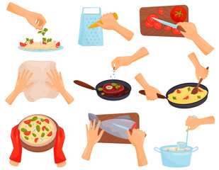 Hands preparing food, process of cooking pasta, meat, pizza, fish vector Illustration on a white background