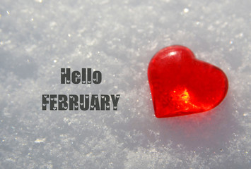 Hello February.Decorative red heart on natural white snow background.Winter holidays or Valentines...