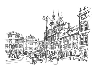 sketch drawing traveling European old city street Prague, Czech 