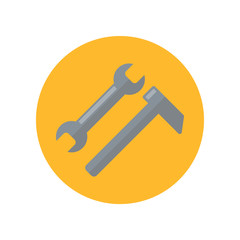 Hammer and Wrench flat icon isolated on yellow background. Simple sign symbol in flat style. Repairs Vector illustration for web and mobile design. 