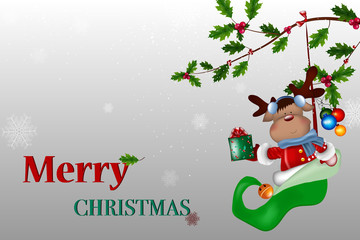 Merry Christmas. Vector Happy smiling Deer holding a blank sign