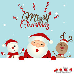 Fototapeta na wymiar Christmas Greeting Card with Christmas Santa Claus ,Snowman and reindeer. Vector illustration